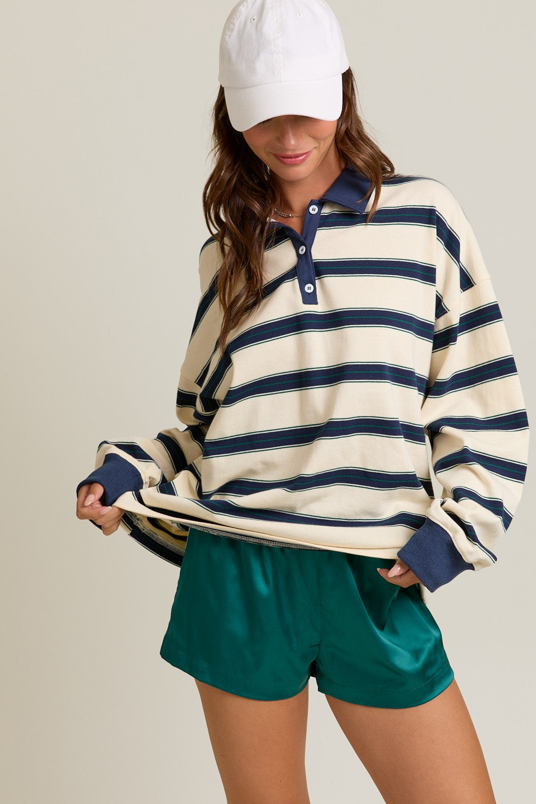 Cream Striped Oversized Long Sleeve Polo Top