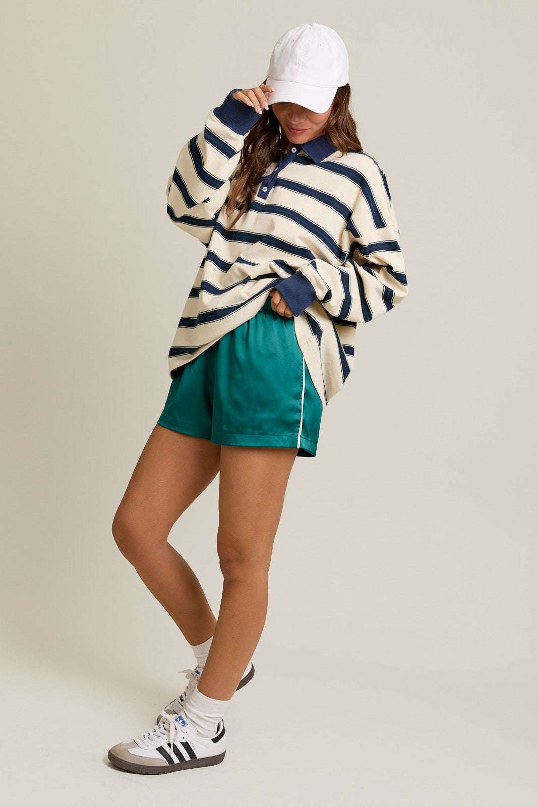 Cream Striped Oversized Long Sleeve Polo Top