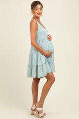 Mint Lace Trim Washed Cotton Maternity Tank Dress