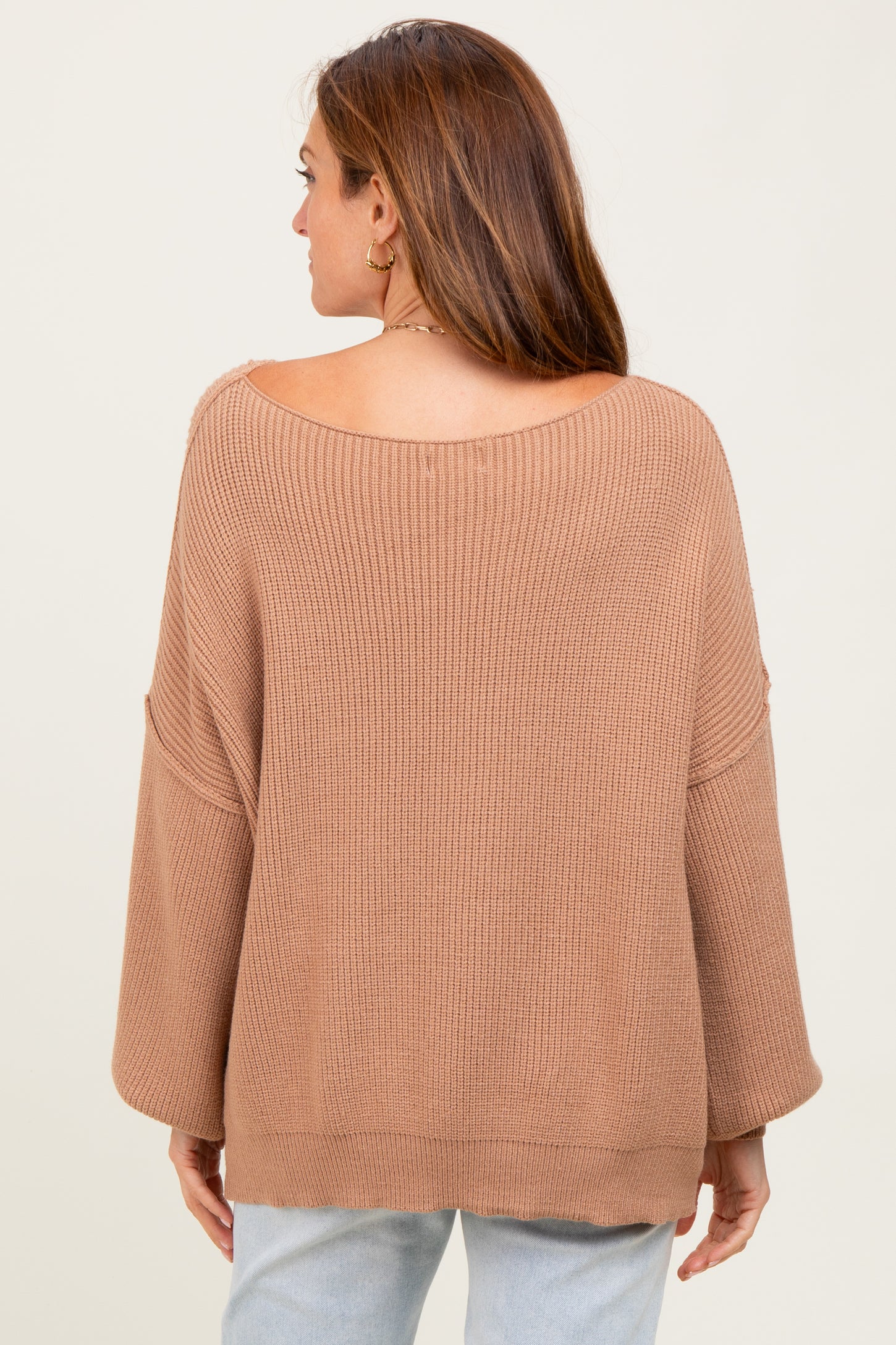 Light Taupe Balloon Sleeve Boat Neck Knit Sweater