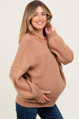 Light Taupe Balloon Sleeve Boat Neck Knit Maternity Sweater