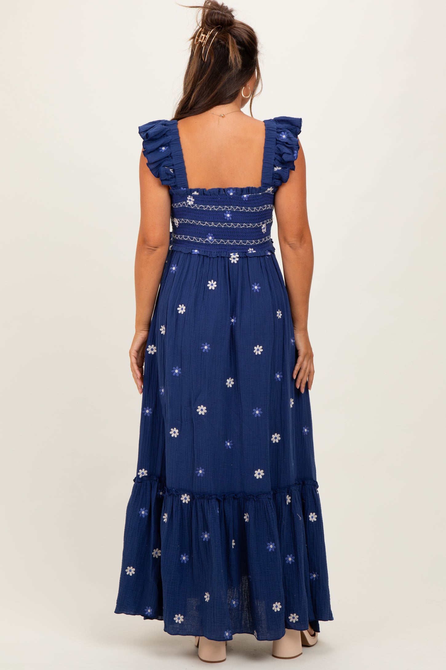 Royal Blue Floral Embroidered Smocked Maternity Maxi Dress