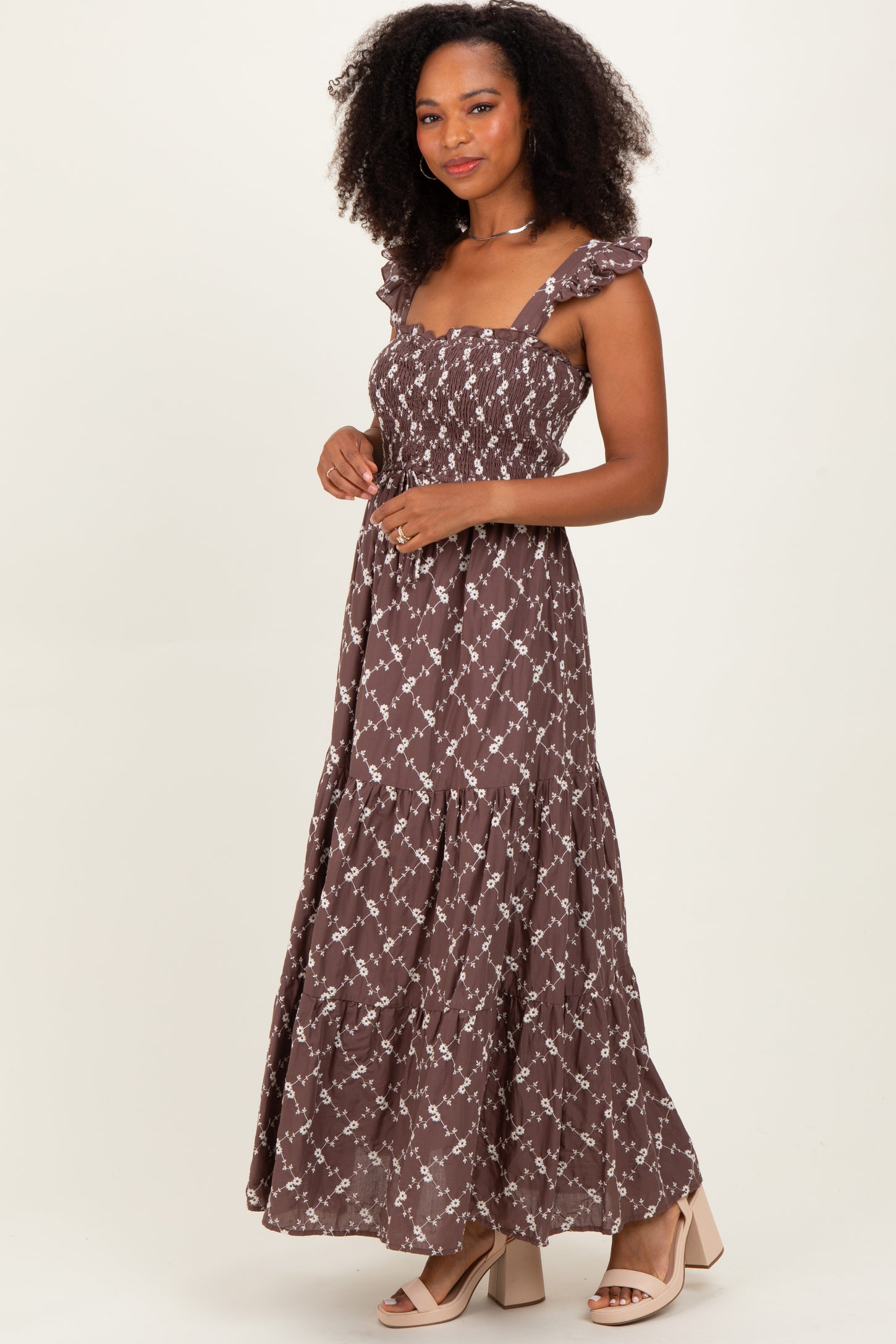 Brown Off White Floral Embroidered Tiered Maternity Maxi Dress
