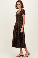 Brown Plaid Button Down Midi Dress