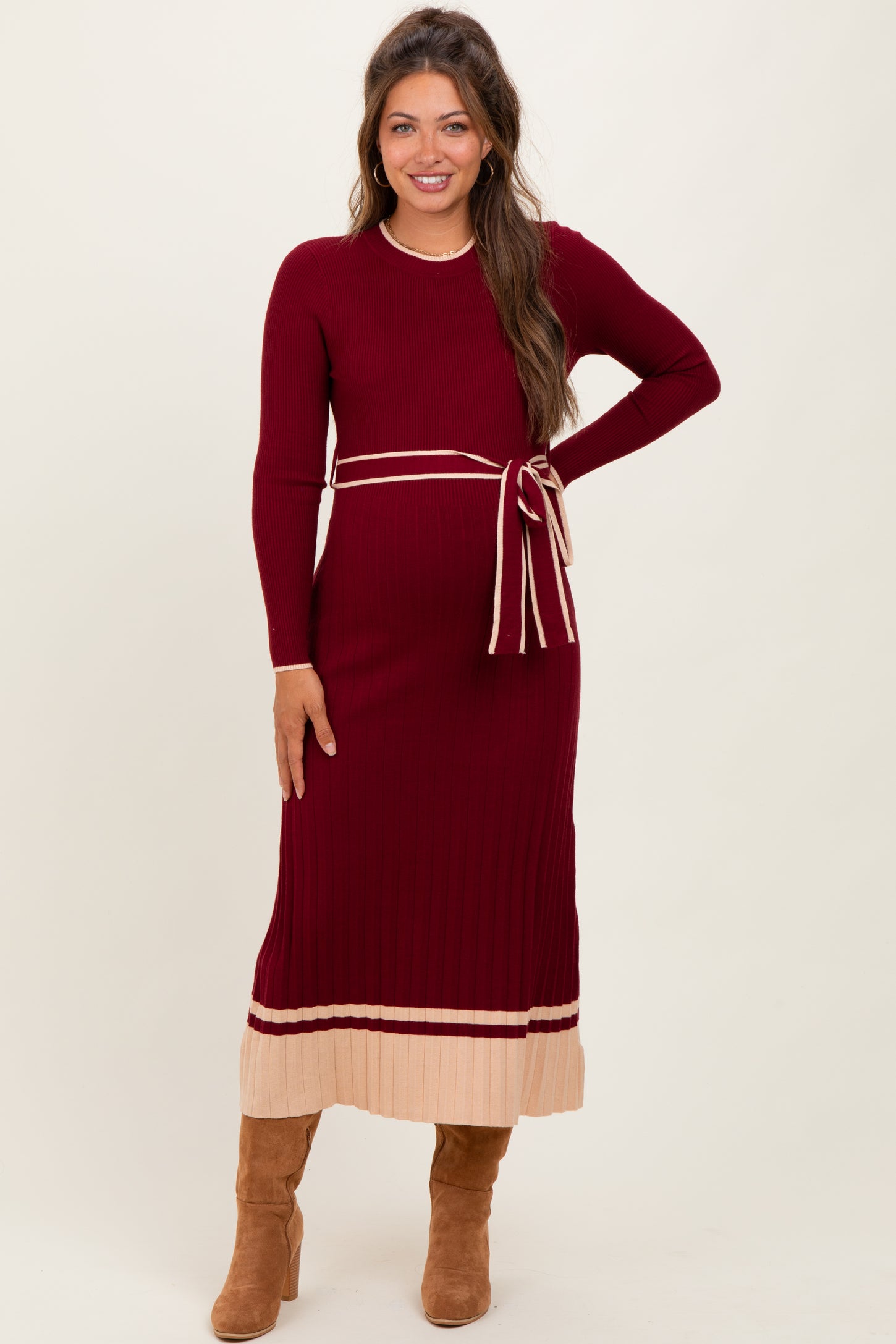 Burgundy Elegant Ribbed Midi Sweater Dress With Belt