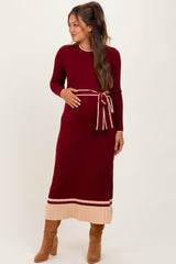 Burgundy Elegant Ribbed Midi Sweater Dress With Belt