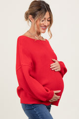 Red Balloon Sleeve Boat Neck Knit Maternity Sweater
