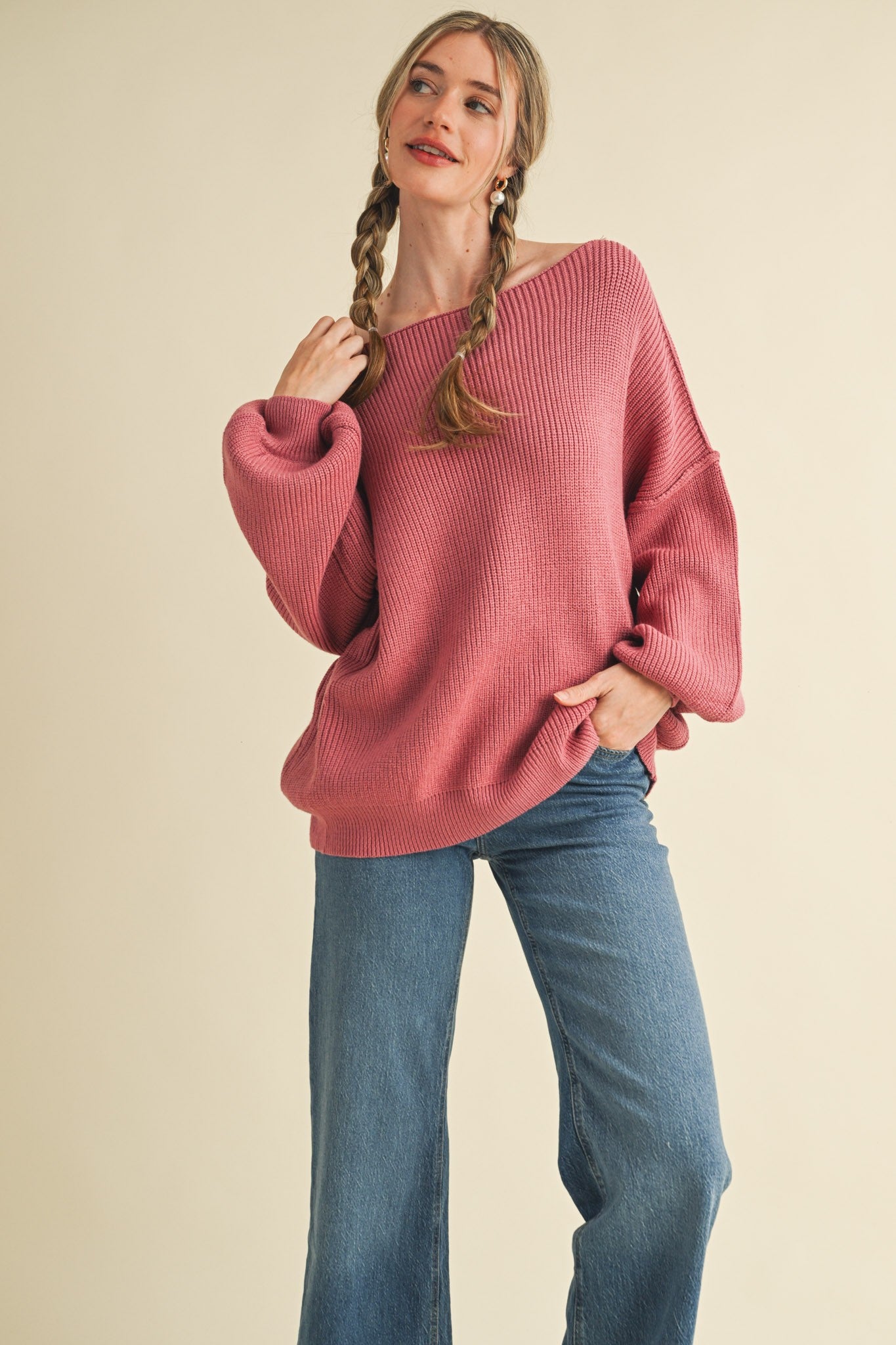 Mauve Balloon Sleeve Boat Neck Knit Sweater