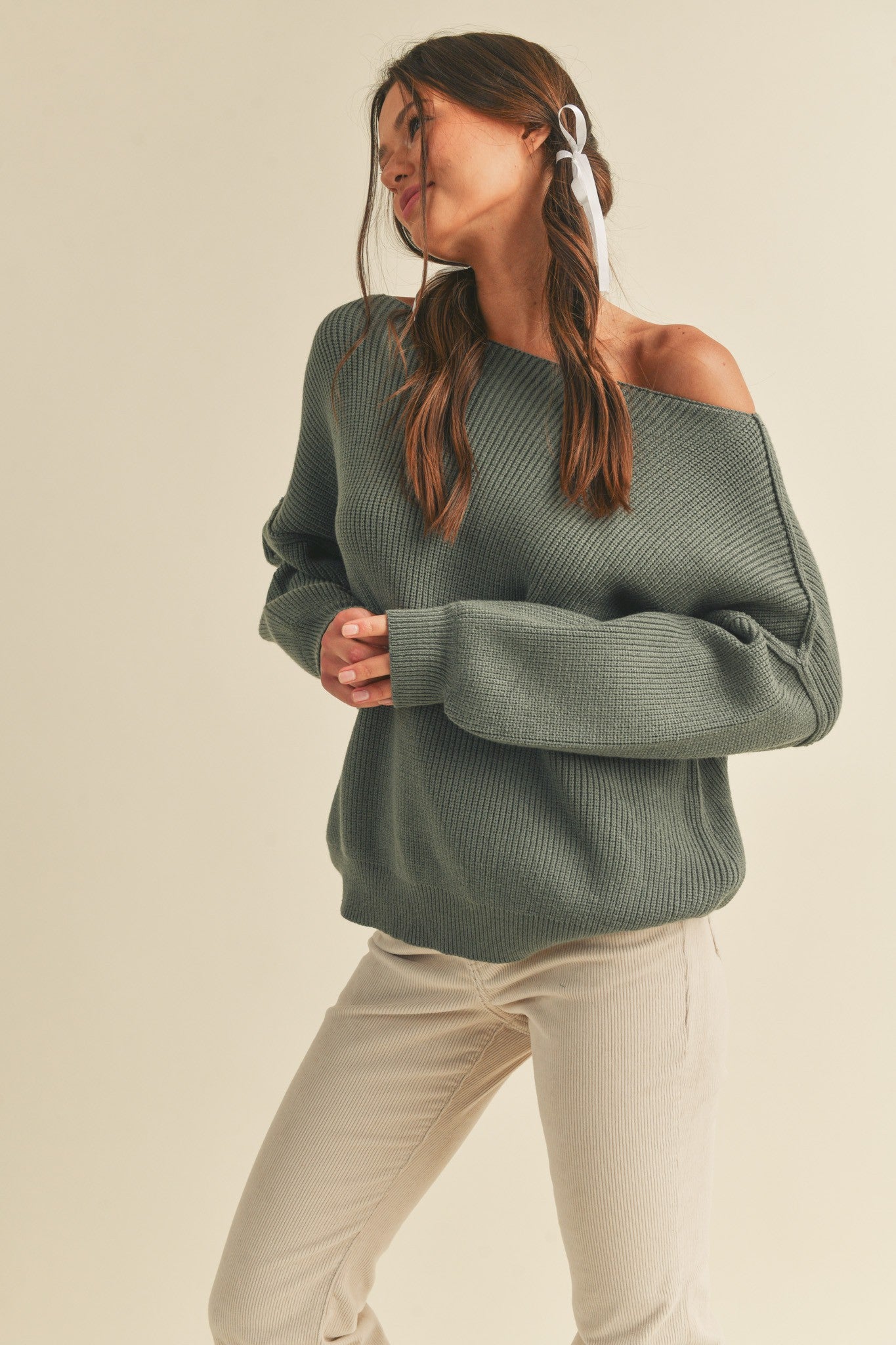 Olive Balloon Sleeve Boat Neck Knit Sweater