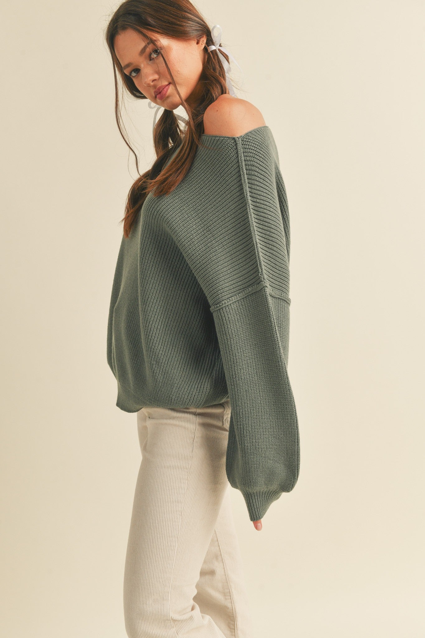 Olive Balloon Sleeve Boat Neck Knit Sweater