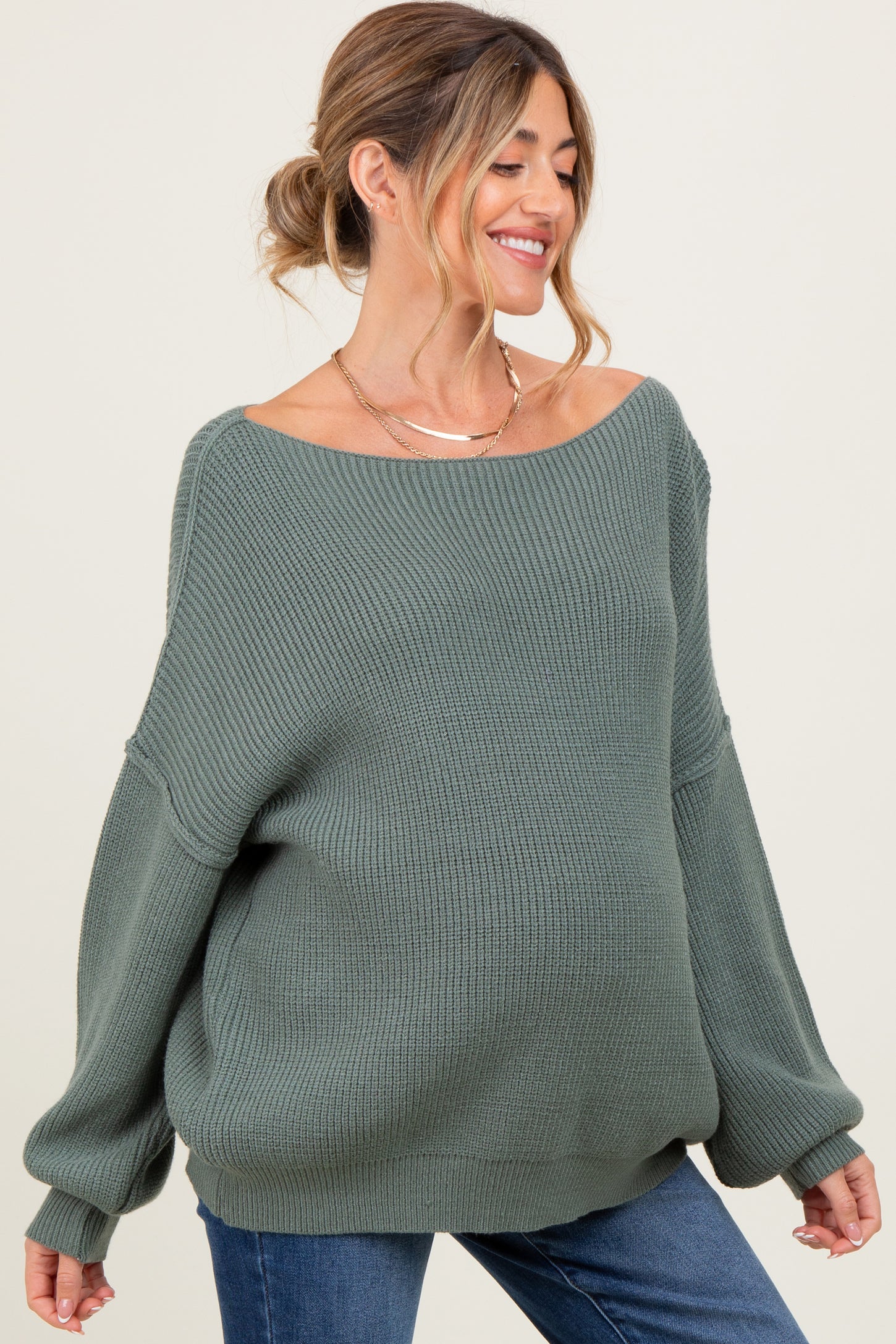 Olive Balloon Sleeve Boat Neck Knit Maternity Sweater