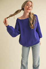 Royal Blue Balloon Sleeve Boat Neck Knit Sweater