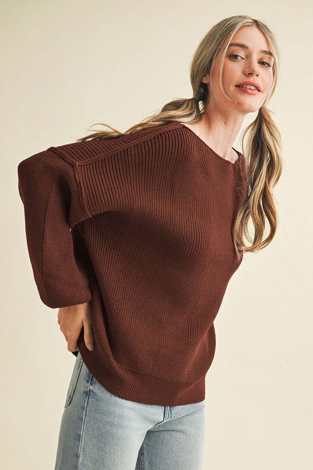 Brown Balloon Sleeve Boat Neck Knit Sweater
