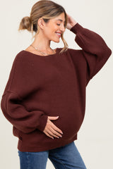 Brown Balloon Sleeve Boat Neck Knit Maternity Sweater