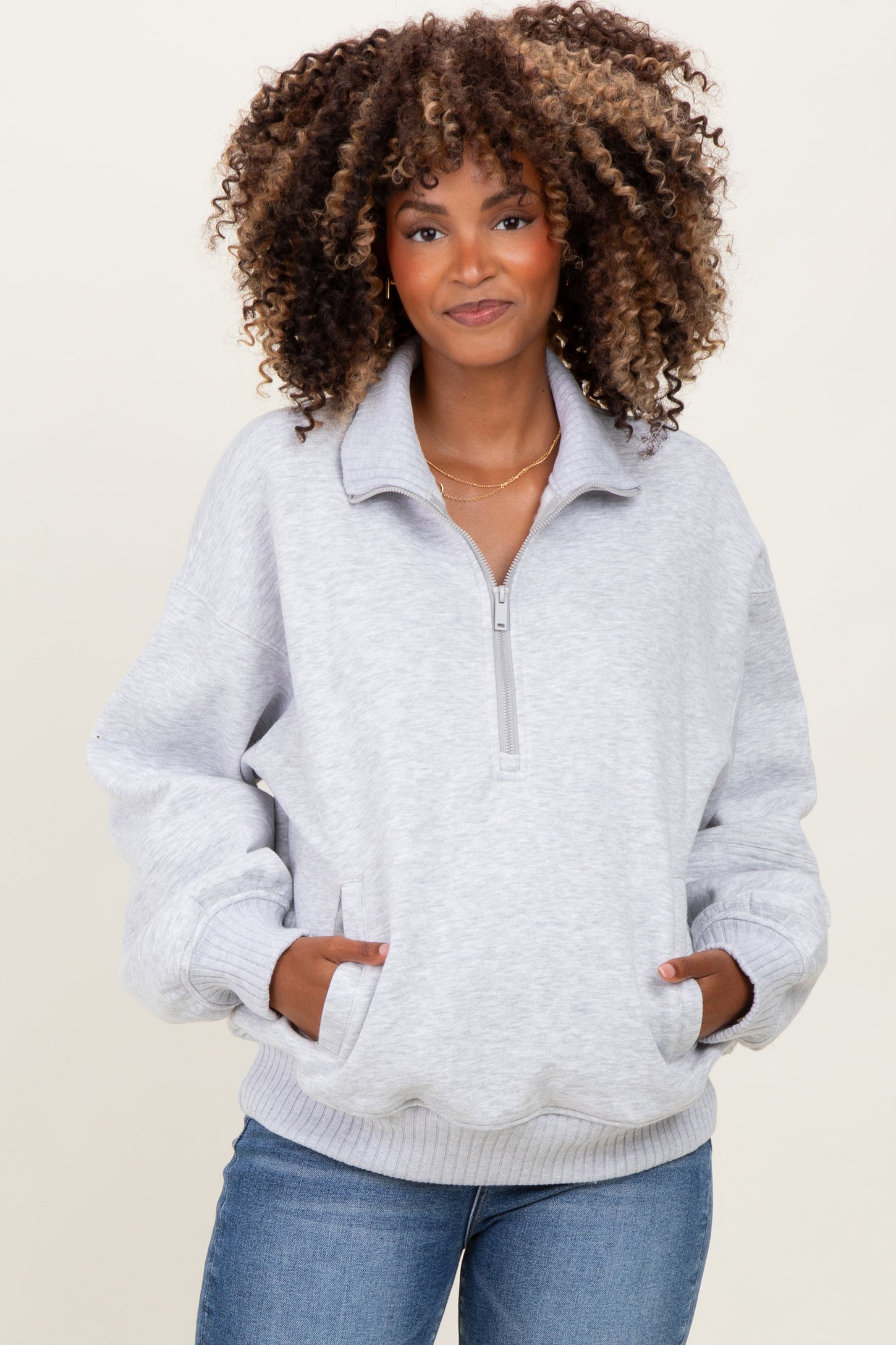 Heather Grey French Terry Quarter Zip Maternity Pullover