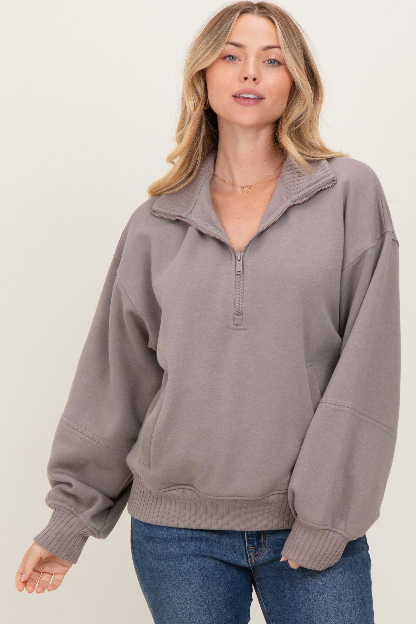 Taupe French Terry Quarter Zip Maternity Pullover
