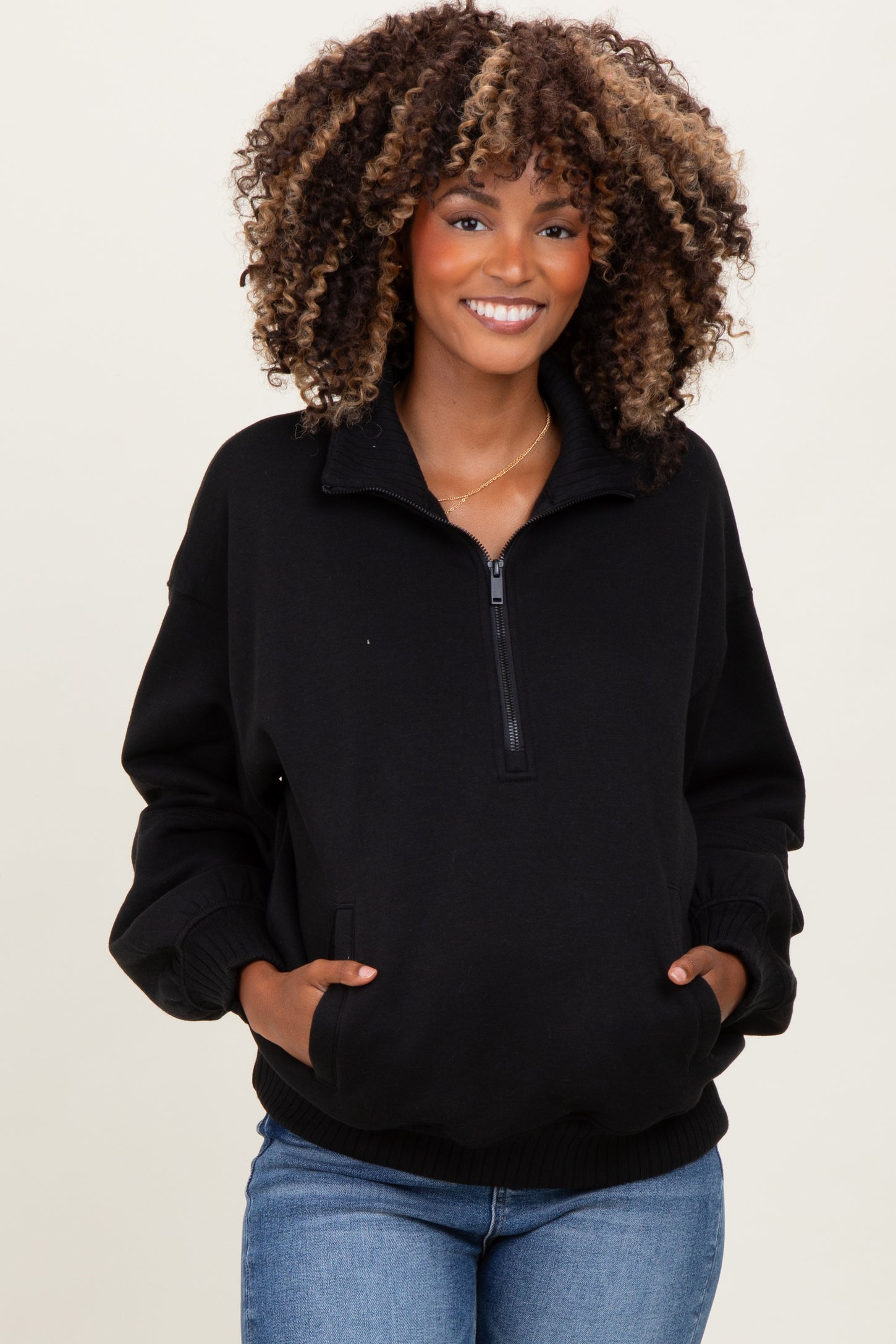 Black French Terry Quarter Zip Maternity Pullover