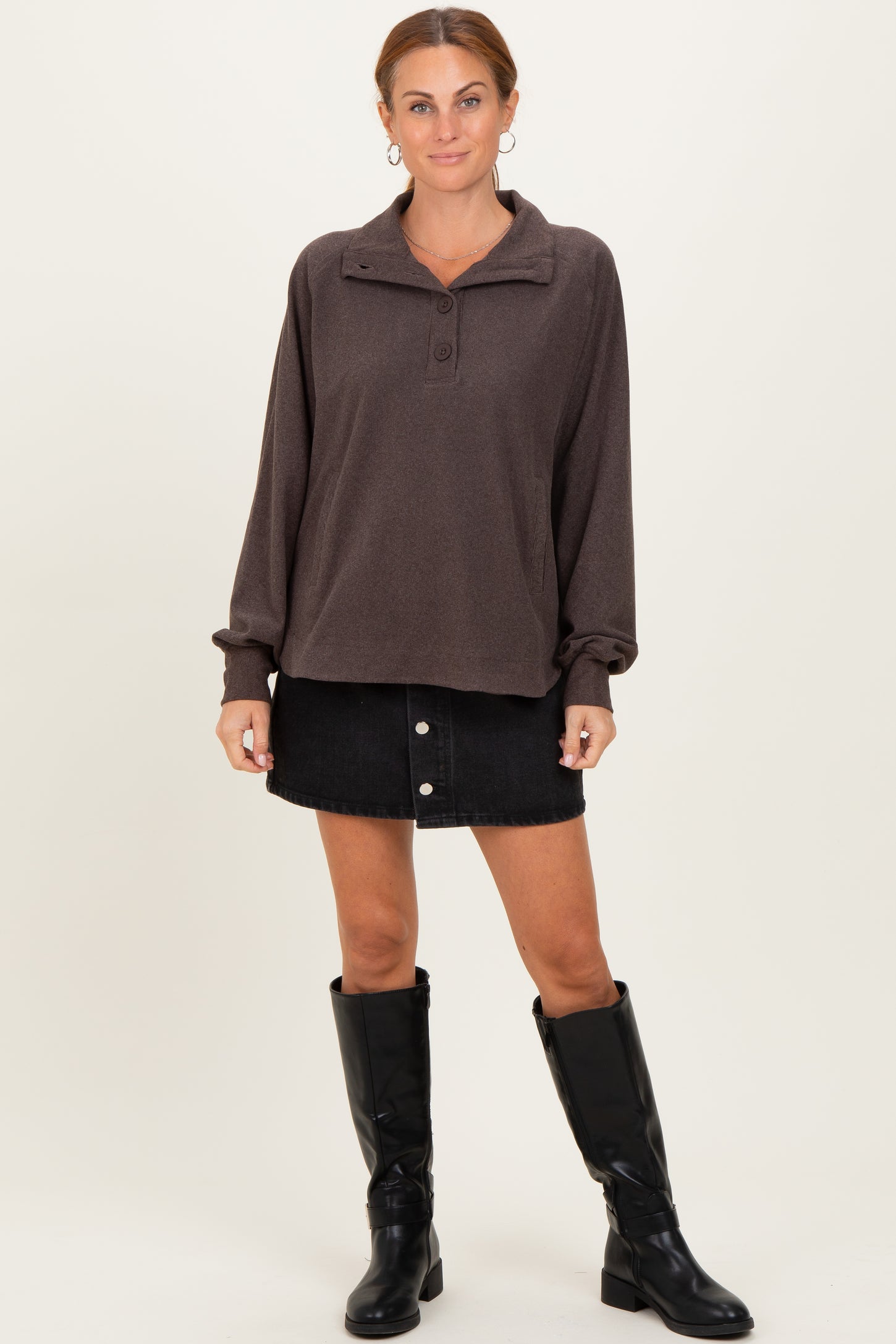 Brown Brushed Knit Button Collar Pullover