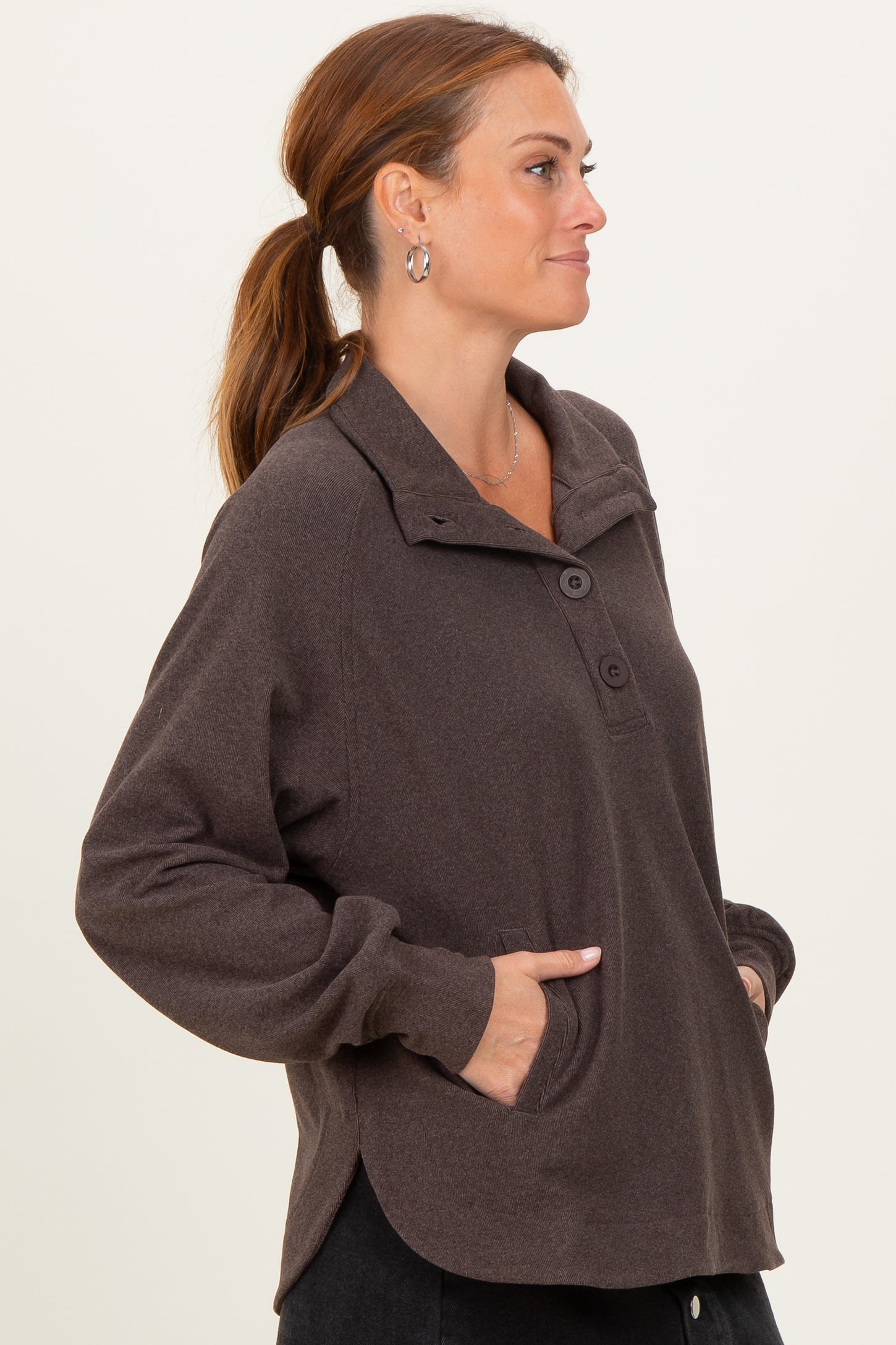Brown Brushed Knit Button Collar Pullover