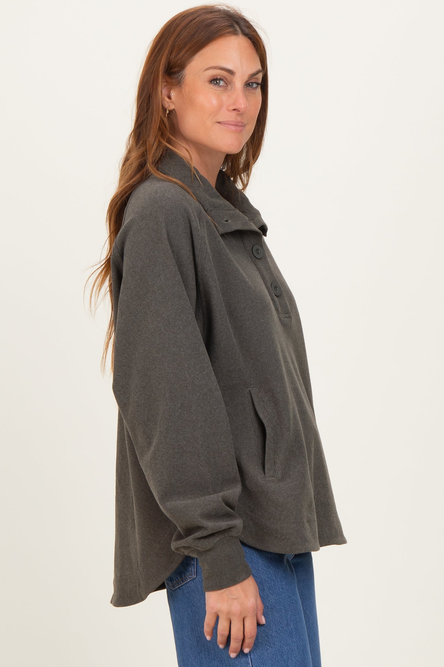 Forest Green Brushed Knit Button Collar Pullover