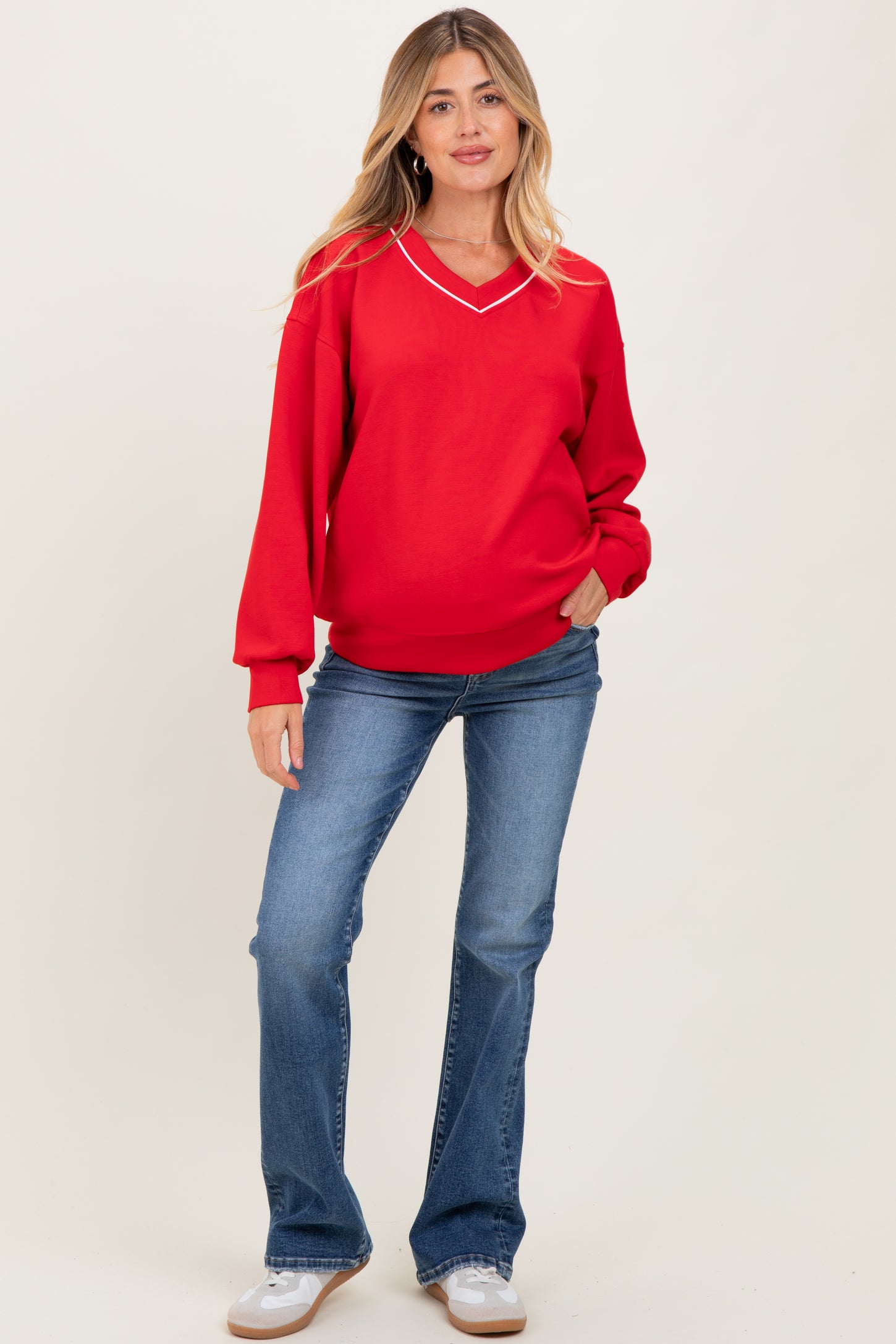 Red V-Neck Maternity Sweatshirt