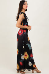 Black Mesh Floral One Shoulder Maxi Dress