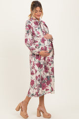 Cream Floral Neck Tie Long Sleeve Maternity Midi Dress