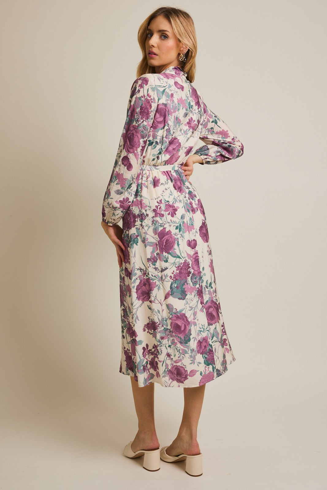 Cream Floral Neck Tie Long Sleeve Midi Dress