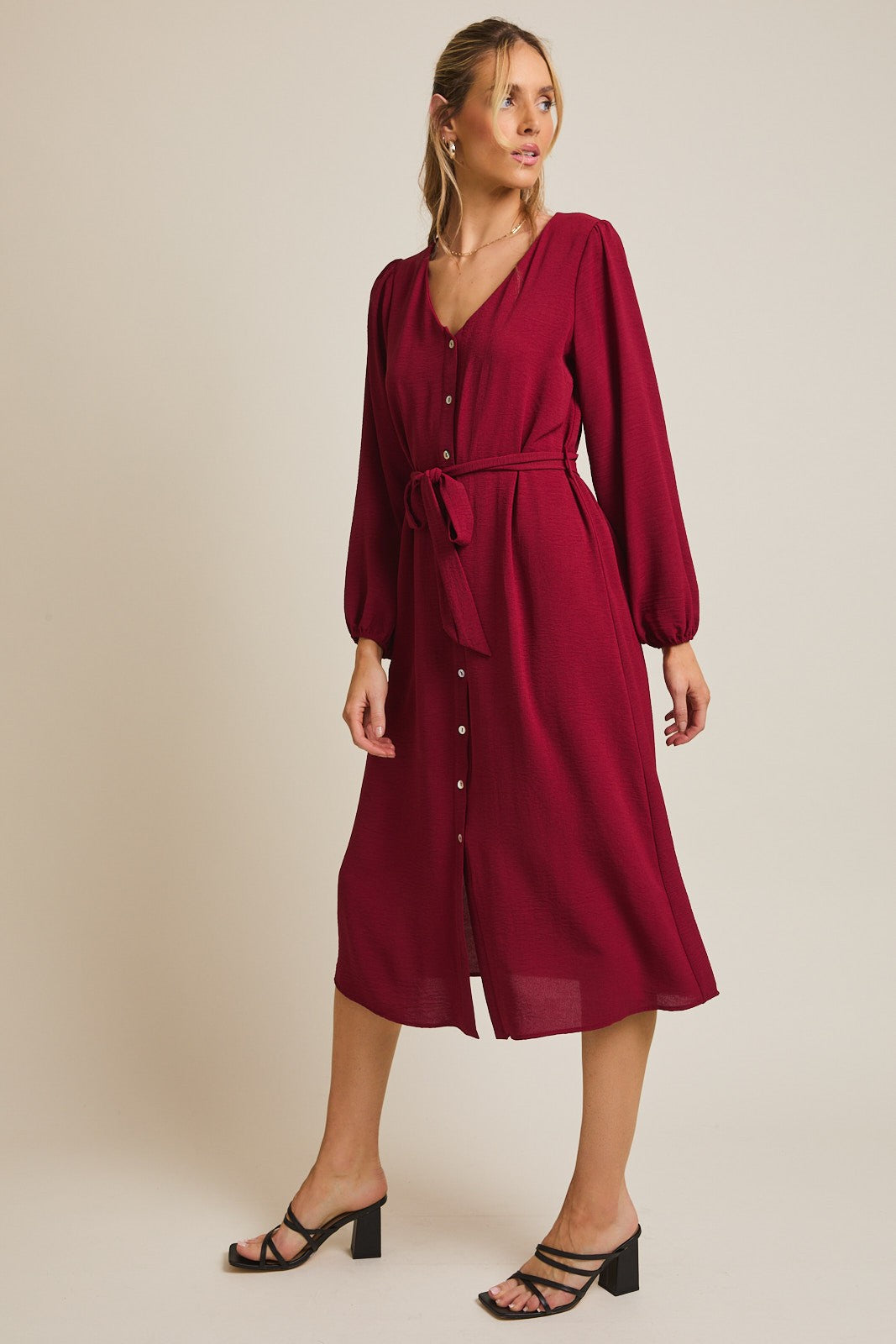 Burgundy V Neck Long Sleeve Button Down Midi Dress