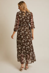 Olive Floral V-Neck Button Up Long Sleeve Maxi Dress