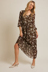 Olive Floral V-Neck Button Up Long Sleeve Maxi Dress