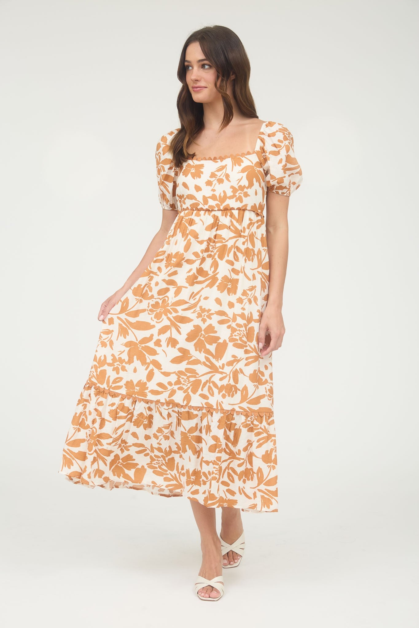 Orange Floral Scallop Trim Puff Sleeve Midi Dress