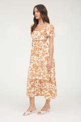 Orange Floral Scallop Trim Puff Sleeve Midi Dress