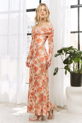 Light Pink Rose Floral Off Shoulder Maxi Dress
