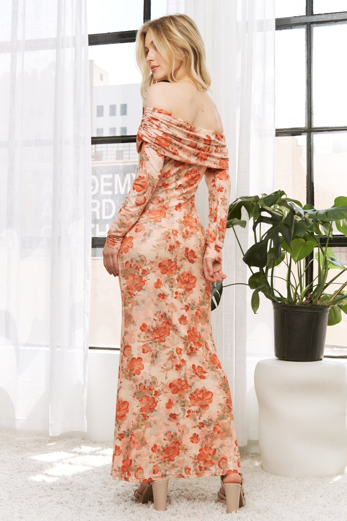 Light Pink Rose Floral Off Shoulder Maxi Dress