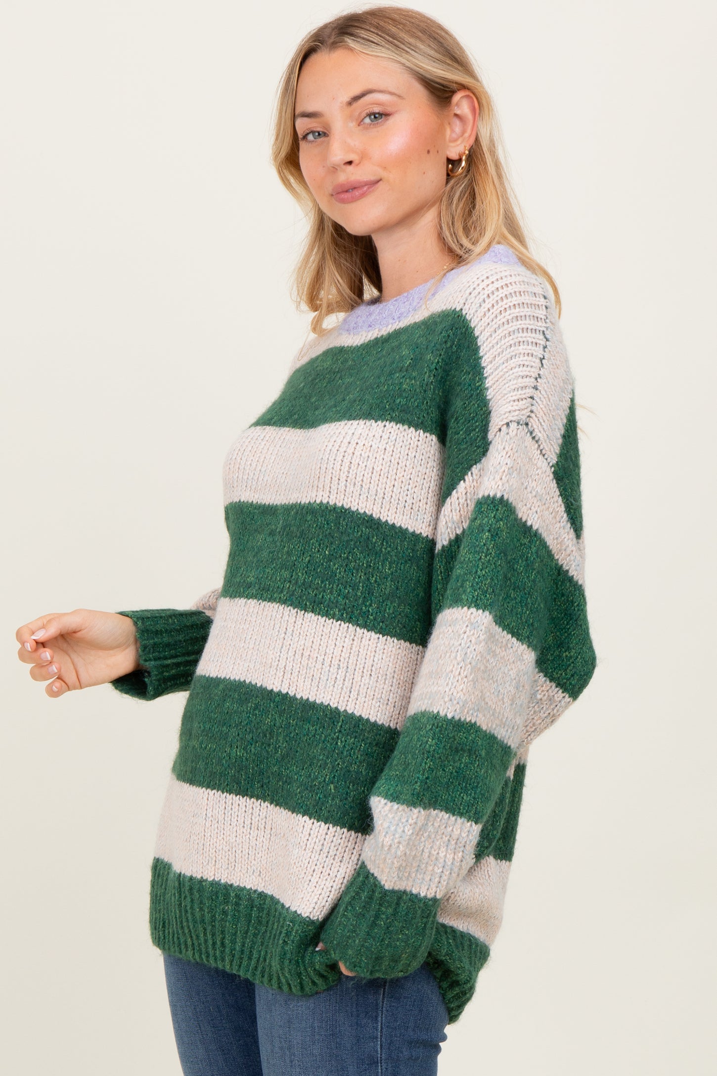Green Wide Stripe Chunky Knit Sweater