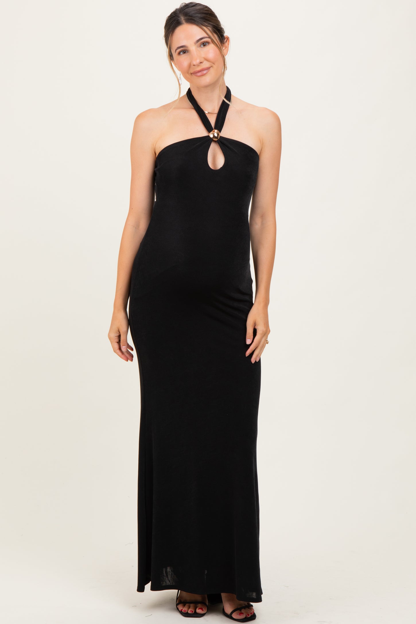 Black Halter Pendant Maternity Maxi Dress