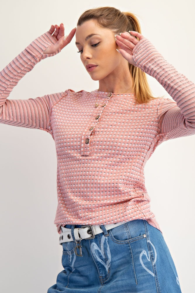 Pink Mixed Print Maternity Henley Long Sleeve Top