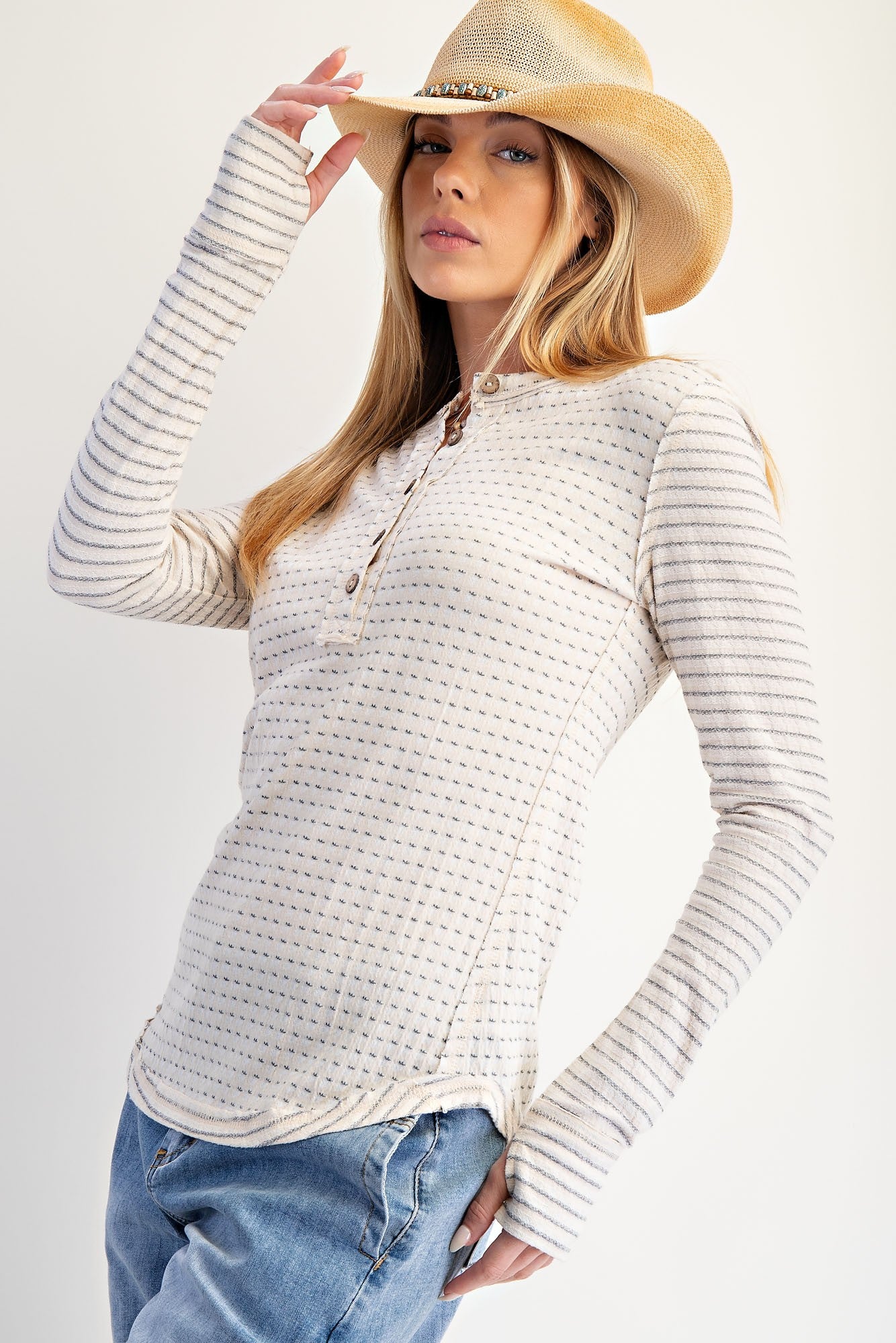 Cream Mixed Print Henley Long Sleeve Top