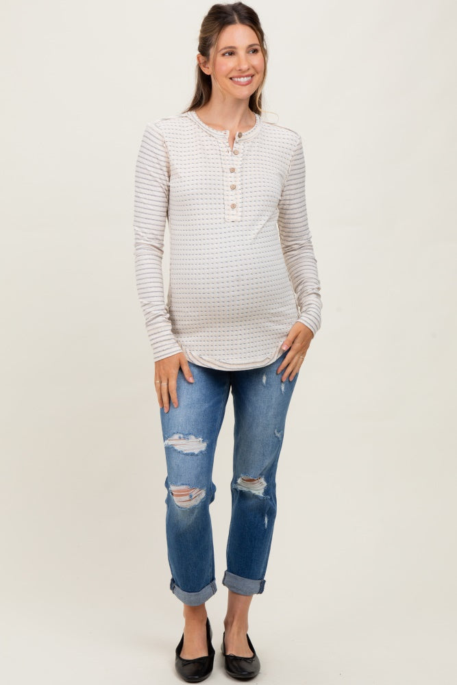 Cream Mixed Print Maternity Henley Long Sleeve Top