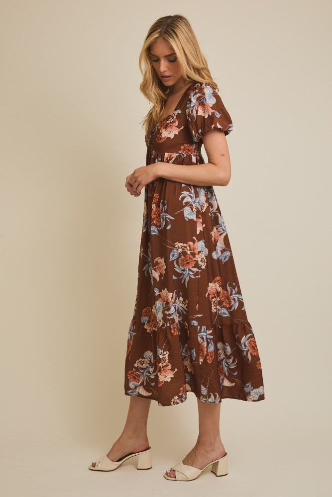 Brown Floral Sweetheart Puff Sleeve Midi Dress