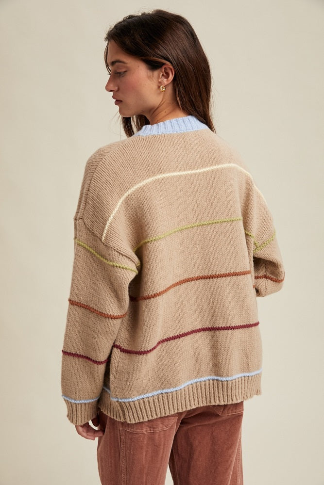 Beige Multicolor Stripe Chunky Knit Cardigan