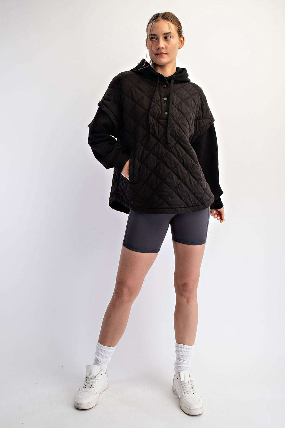 Black Quilted Contrast Button Hoodie