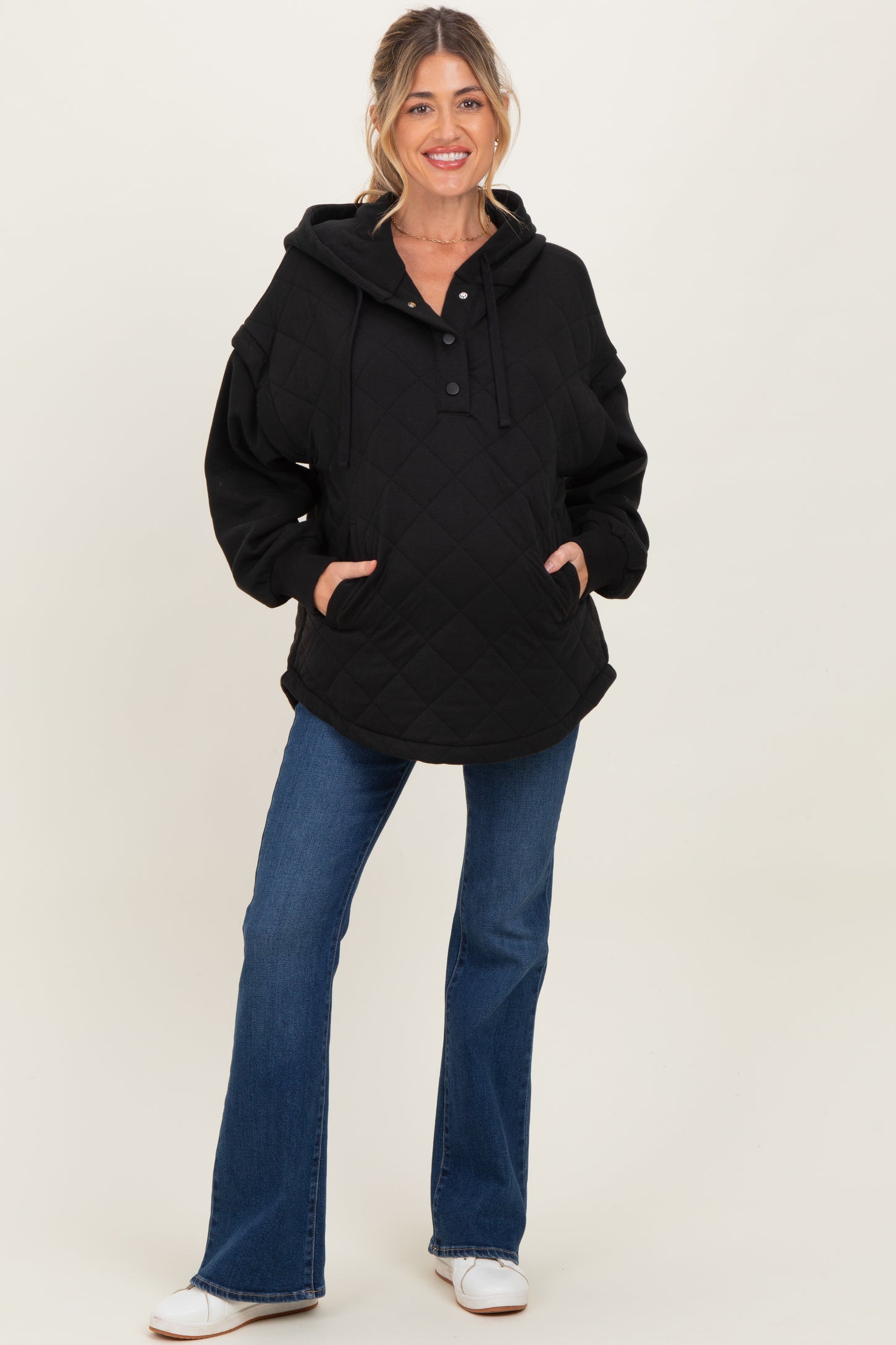 Black Quilted Contrast Maternity Button Hoodie