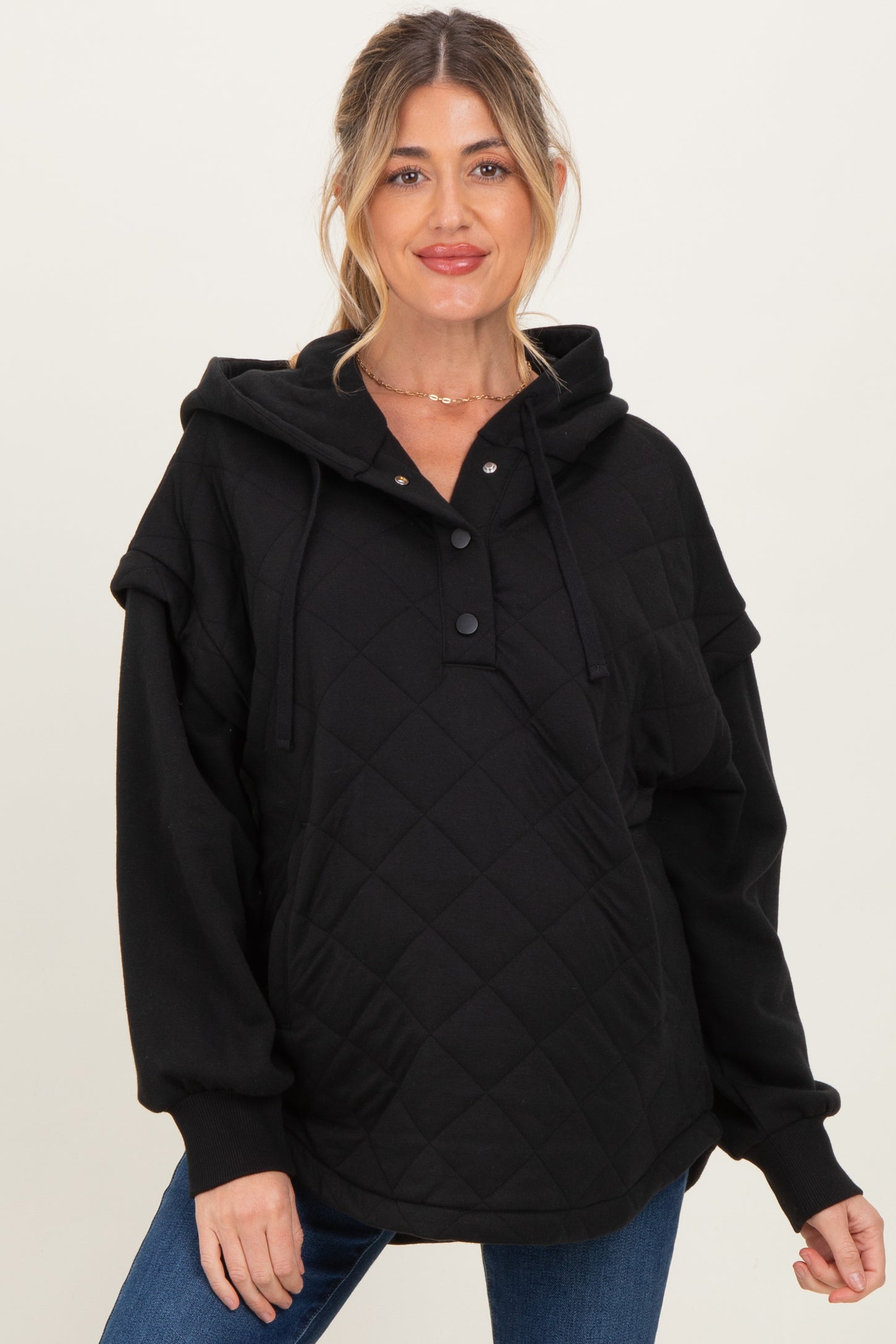 Black Quilted Contrast Maternity Button Hoodie