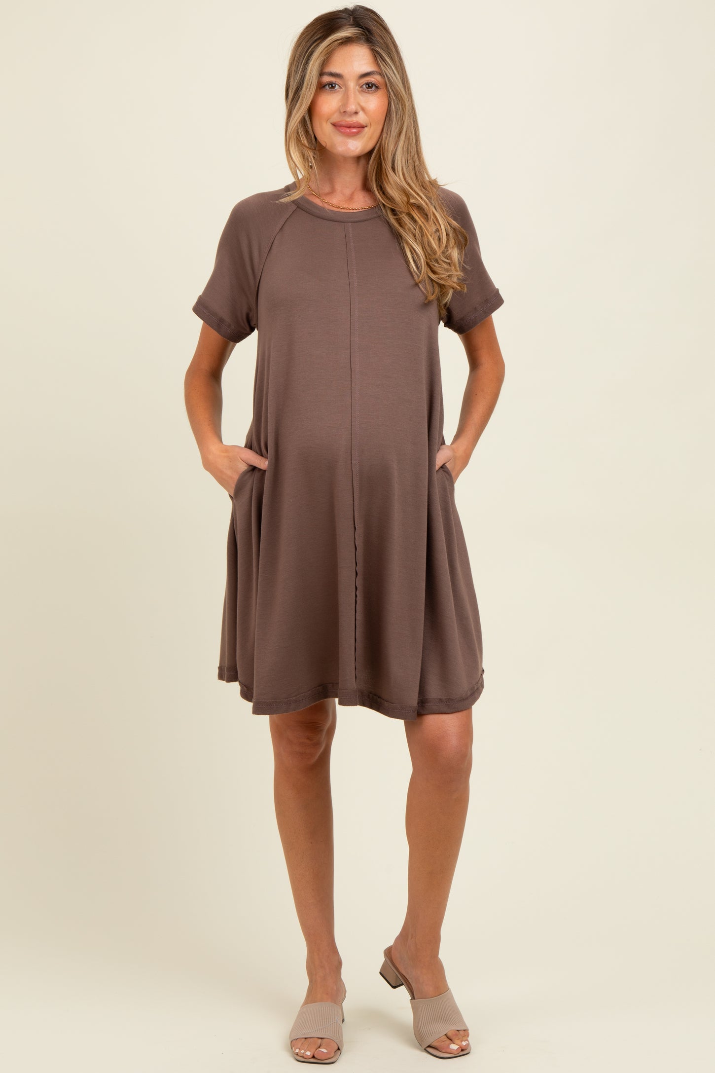 Brown Solid T-shirt Maternity Mini Dress