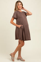 Brown Solid T-shirt Maternity Mini Dress