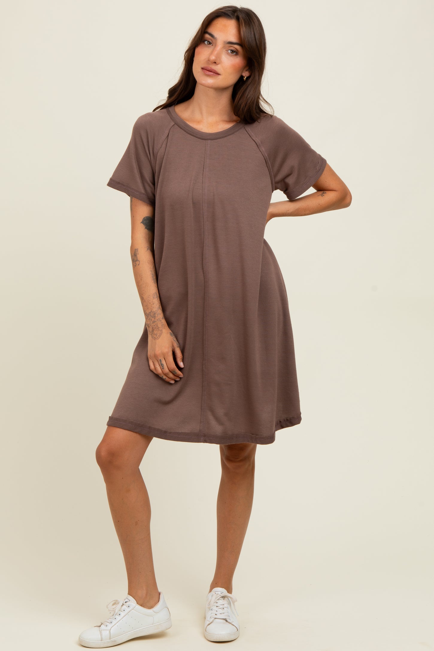 Brown Solid T-shirt Mini Dress