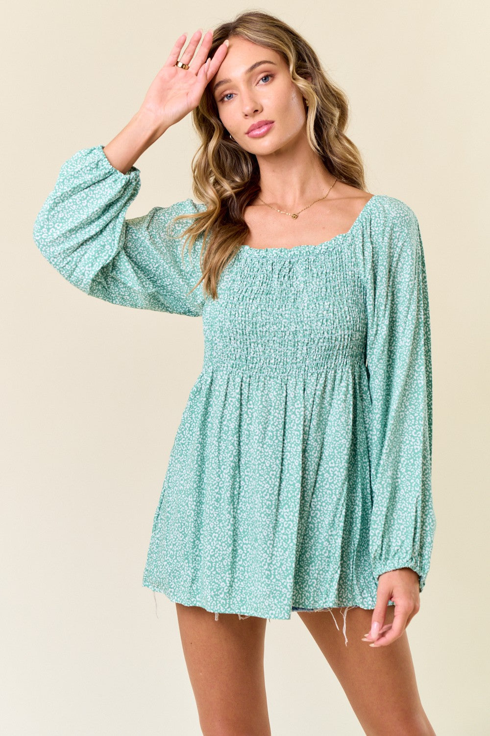 Sage Floral Smocked Long Sleeve Top