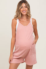 Mauve Solid Ribbed V-Neck Sleeveless Front Pocket Maternity Romper